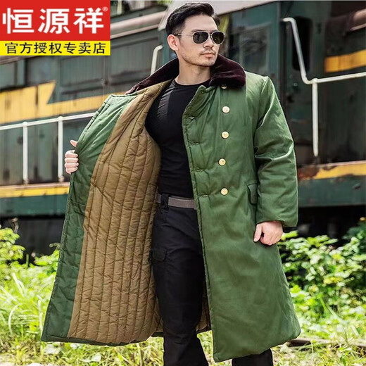 Hengyuanxiang's new military large coat, men's military winter coat, women's old-fashioned military cotton green coat, Northeast cold-proof coat - 40 degrees Celsius, thickened military green polyester card fabric, combed long-staple cotton (medium one size)
