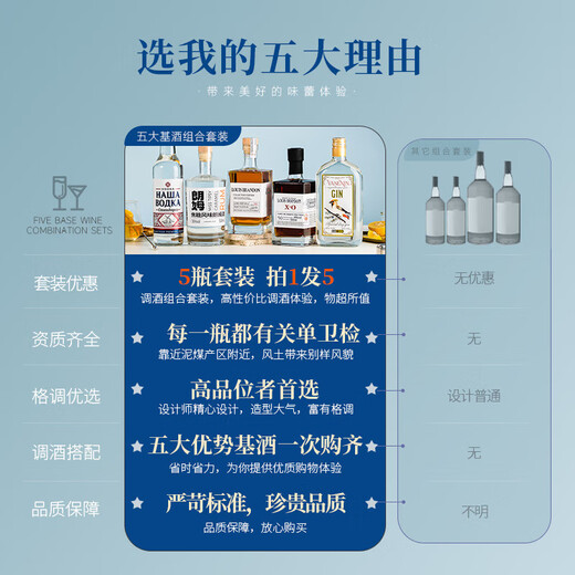 Galampas whiskey, brandy, rum, gin, vodka, 5 bottles of bartending base liquor, five-pack