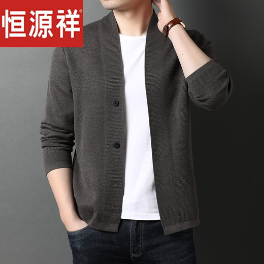 Hengyuanxiang knitted cardigan jacket men with wool spring and autumn style flip-up men's casual outerwear daddy's suit cardigan sweater YH008 gray coffee 180/2XL