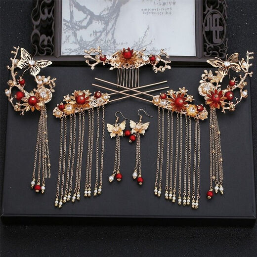 Lingchuan Xiuhe tiara bridal toast clothing female Xiuhe clothing Chinese hair accessories red simple and elegant bow FD067 wine red pair clip + ear clip