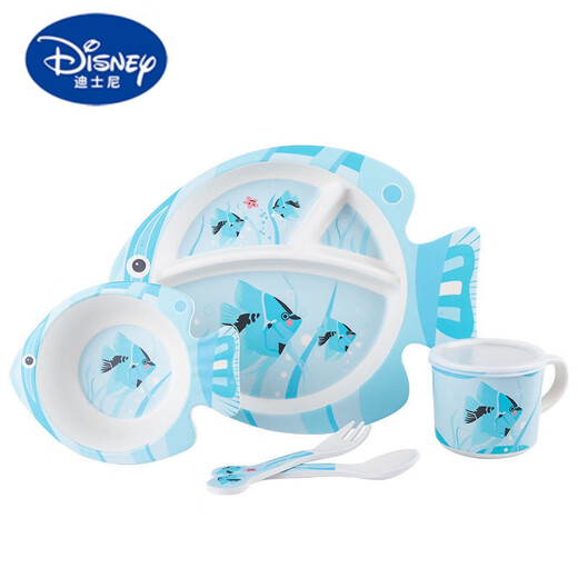 迪士尼（Disney）可爱卡通竹纤维儿童餐具网红家用分格鱼形餐盘儿童勺叉碗盘碟套装 鱼形餐盘五件套粉