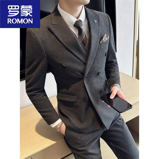 ROMON woolen suit men's suit double-breasted autumn and winter thickened warm jacket handsome wedding banquet dress men's fashion gray suit trousers 5XL 175185Jin Jin equals 0.5 kg