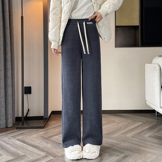 棉致加绒加厚显瘦羊羔绒阔腿裤子女秋冬季宽松高腰直筒休闲裤女棉裤 9767黑色【羊羔绒高品质24.5】 3XL 146-156斤