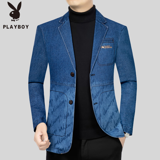 Playboy Men's Denim Suit Jacket 24 Spring and Autumn Middle-aged Casual Versatile Fashion Slim Suit Denim Black 175/L (Suitable for 115-130 Jin Jin equals 0.5 kg)