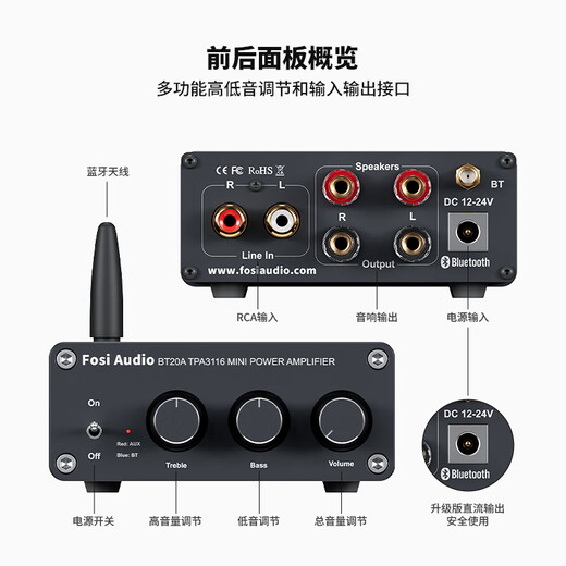 FOSI AUDIO Audio BT20A Bluetooth Digital Amplifier All-in-One Fever Level HIFI High Power Amplifier Professional Audio Music Player Black [24V/4.5A Power Adapter]