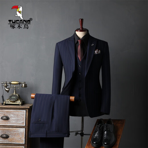 Woodpecker (TUCANO) Striped Suit Men's Full Groom's Suit British Style Groomsmen's Clothes Business Formal Wedding Suit Men's Black (Suit+Vest+Trousers) XL 52 (125-135Jin Jin equals 0.5kg)