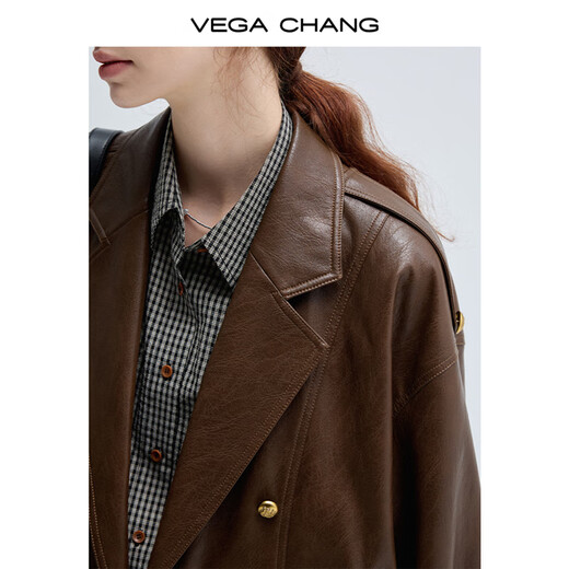 Vega Chang Spring y Autumn Leather Jacket for Women 2025 New Retro Wilderness Marrard Jacket Motorcycle Brown L
