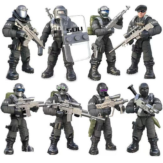 九狮王小兵人玩具人偶拼装关节可动二战模型积木仔军事玩具可摇变形 9902特jing队8人