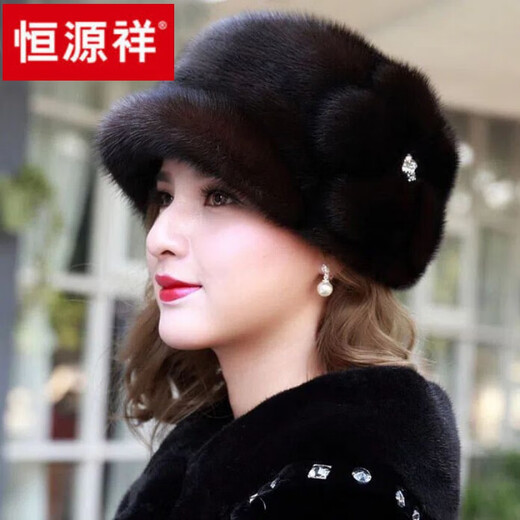 恒源祥貂皮帽子女冬季帽子女风雪帽加厚保暖鸭舌帽防寒仿皮草蒙古贝雷帽 黑色大花