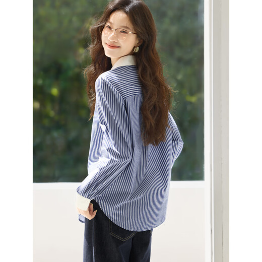 Mohan Yimei blogger's same style Mohan Yimei women's shirt top 2025 autumn new small shirt striped lapel shirt apricot color M