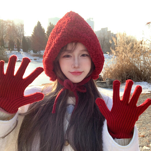 
Shantoulin Village Christmas Red Wool Gloves for Women in Winter Extended Warm Knitted Anti-freeze Finger-Touchable Cute Gloves #1048-Red Hat + Gloves All Size