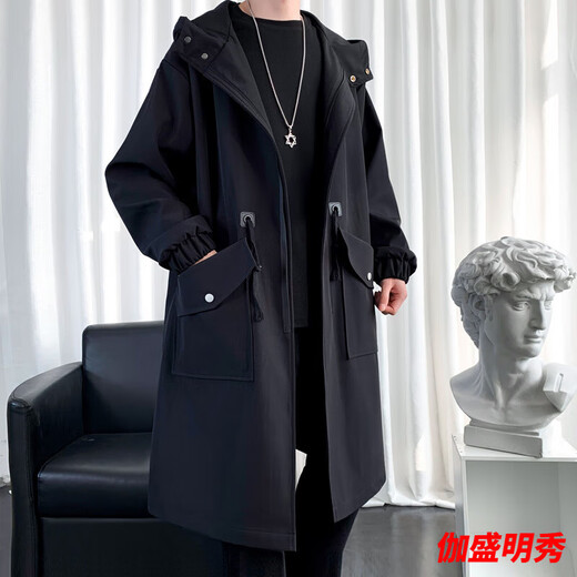 Mouth-turn men's windbreaker jacket men's spring and autumn mid-length coat 2024 new spring long casual large size men's clothing black 2XL 170-190Jin Jin equals 0.5 kg