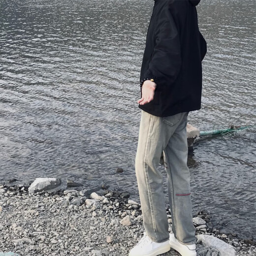 Black box white jeans men's haze smoke gray 2025 spring and summer American retro vibe pants slim elastic straight twitch WKXS-K653 light blue M