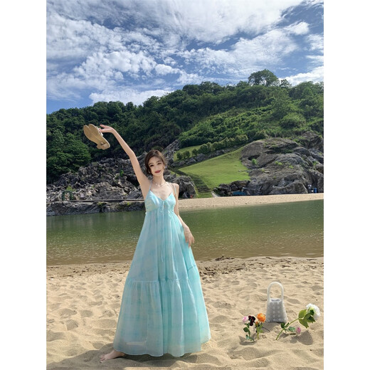 Yiou Purple Mint Green V-Neck Hanging Neck Sling Long Robe Summer Dopamine Seaside Vacation Fairy Jupe 9755 Picture Couleur L