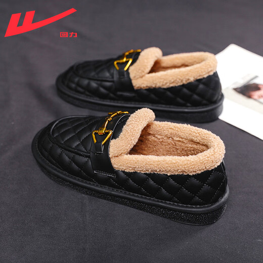 Warrior official beanie shoes for women, winter cold-proof and warm cotton shoes, furry shoes, slip-on loafers, black 38