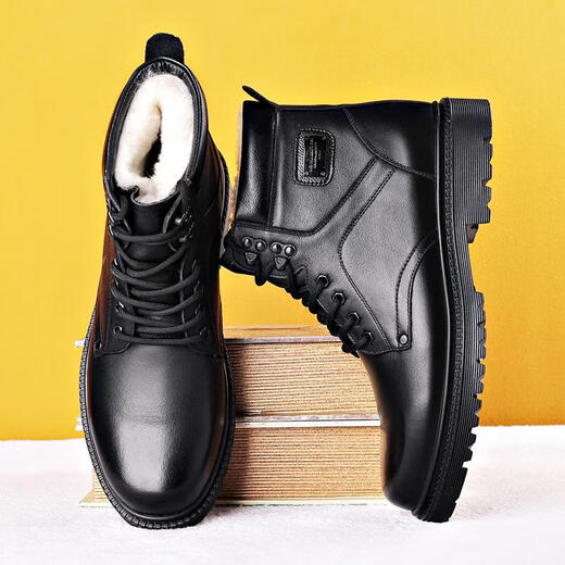 
Gu Wenlun military hook boots men's cotton boots genuine leather Martin boots cruiser cotton shoes men's high top leather shoes men's fur integrated 3519-1 black single shoe style 38