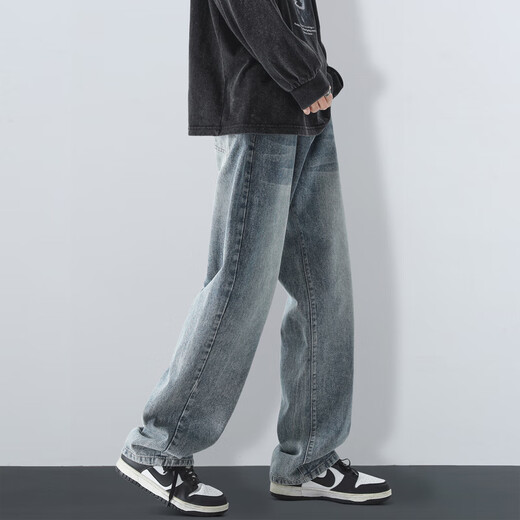 MAYBEYOND Jeans Men Summer Loose Casual Straight Pants Trendy American Pants Men MA73 Retro Blue 2XL