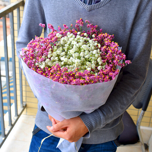 AIMAN dried baby's breath bouquet for home decoration, living room and bedroom decoration, flower arrangement, eternal freshness, birthday gift with vase, white + blue baby's breath, including newspaper + ribbon, dried flower bag