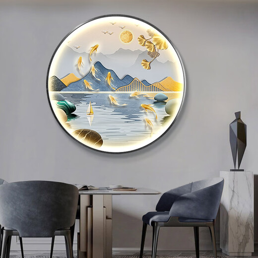 Three ants New Chinese style Jiuyu Picture Porch Decorative Painting with Lights Round Mural Entrance Door Painting Living Room Hanging Painting Landscape Crystal Porcelain Painting Jiuyu Jucai 1342 Diameter 100cm Remote Control Connection Power Supply Gold Aluminum Alloy Frame