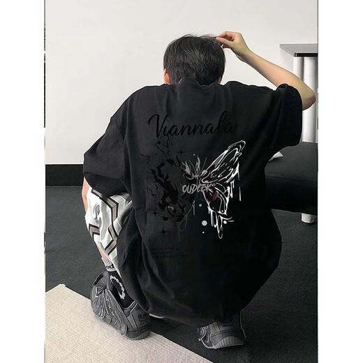 Katuchi trendy brand Pissai high street short-sleeved T-shirt men's summer American retro pure cotton butterfly high-end five-point half-sleeved sleeves White XL