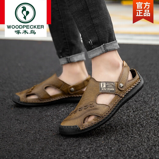 Woodpecker brand sandals men's leather top layer cowhide sandals summer breathable outdoor non-slip casual soft-soled beach shoes black A689 42