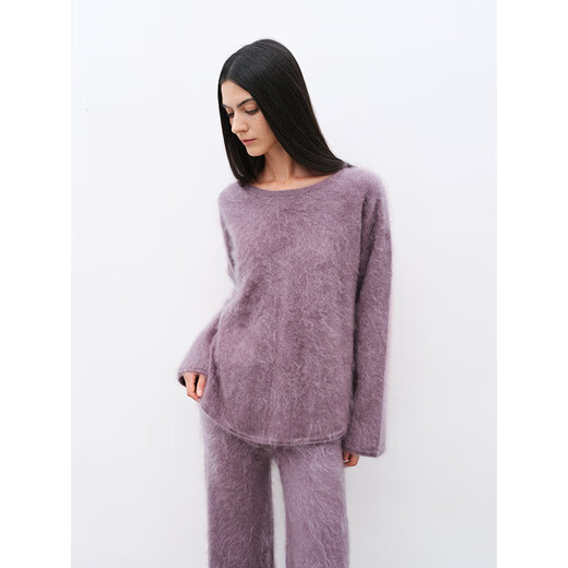 Fu Zhien Half-cooked Winter Dingshe Cashmere Brushed Comfortable Loose Round Neck Sweater Straight Pants Knitted Suit 2024 Iris Color-Top S