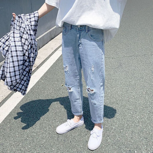 朵弦裤子男夏季宽松直筒乞丐破洞牛仔裤男九分裤学生韩版潮流百搭男裤 679/o破洞款 S