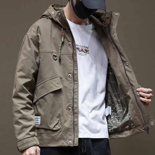Jeep Spirit Jeep Jacke Herren Workwear High-End-Frühling und Herbst verdickte Jungen großgröße Baumwollkleidung Herren-Stil mit Kapuzenkleidung für Männer Fleece 1502-1 Militärgrün (verdickt) l