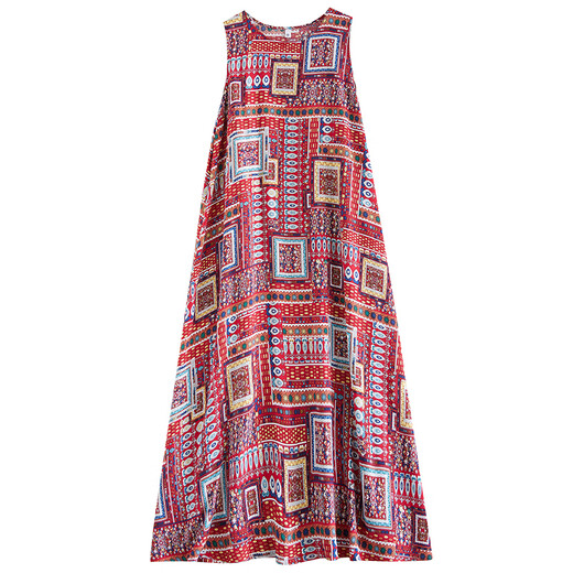 JIANDANG (JIANDANG) large size women's summer round neck thin silk loose vacation style big skirt hem beach sleeveless vest dress 9908 red one size [180Jin [Jin equals 0.5 kg] below]