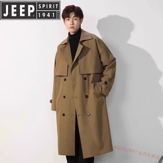 JEEP SPIRIT mid-length windbreaker jacket for boys spring and autumn new Japanese khaki British style men's knee-length coat 0595 military green loose version - belt style M