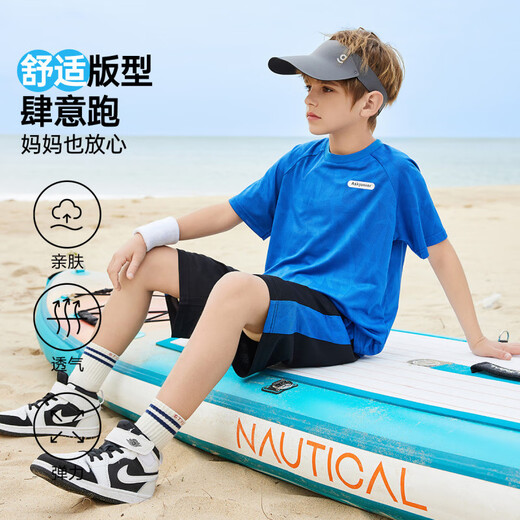 ASK JUNIOR儿童运动套装2025夏季薄款男中大童短袖女童t恤短裤速干跑步套装 蓝色【JE2MHS13918M】 140