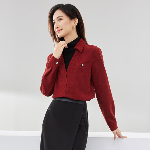 Shandu Bila New Year Red Elegant Temperament Fake Two-piece Shirt Women's Winter Half-High Collar Right Shoulder Pullover Workplace OL Style Shirt