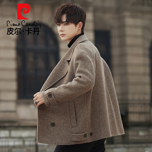 Pierre Cardin high-end double-sided woolen coat for men 2025 new winter woolen coat short double-breasted thickened woolen gray 3XL 190
