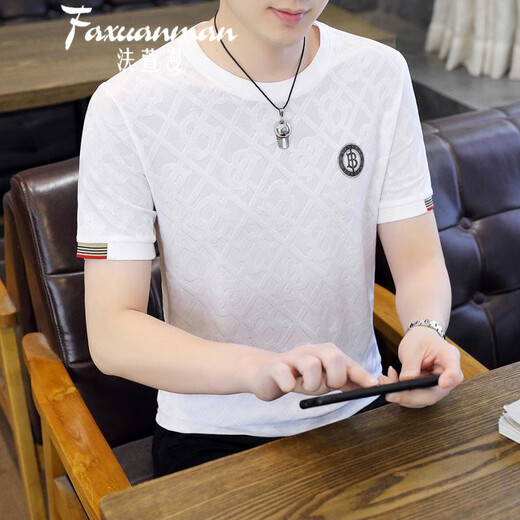 法萱漫轻奢高端 冰丝短袖t恤男夏季新款圆领提花烫钻休闲宽松大码上衣男 795 白色 M 95-115斤
