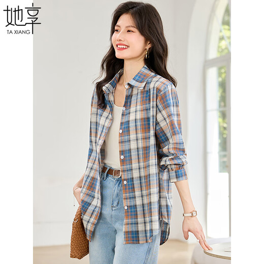 She enjoys long-sleeved shirt women's retro plaid shirt cardigan loose casual shirt jacket top women T143C2011