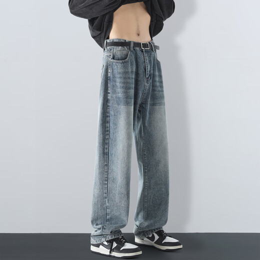 MAYBEYOND Jeans Men Summer Loose Casual Straight Pants Trendy American Pants Men MA73 Retro Blue 2XL