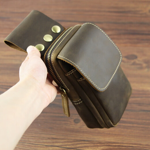 Kangaroo Crazy Horse Leather Belt Bag Men's Cowhide Multi-Function Small Bag Pendant Bag Genuine Leather Cigarette Bag Cell Phone Bag Wearing Belt Men's Bag Brown