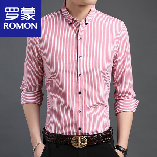 罗蒙（ROMON）夏季男士牛津纺长袖条纹衬衫2025秋冬季新款内搭衬衣 粉色6627 170-L