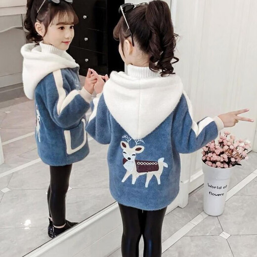 Ainolun Girls' Jacket Winter Style Thickened Woolen Coat for Girls 3-12 Years Old, Mid-Length Imitation Mink Velvet Clothes, Blue 130 Recommended Height 115-125cm