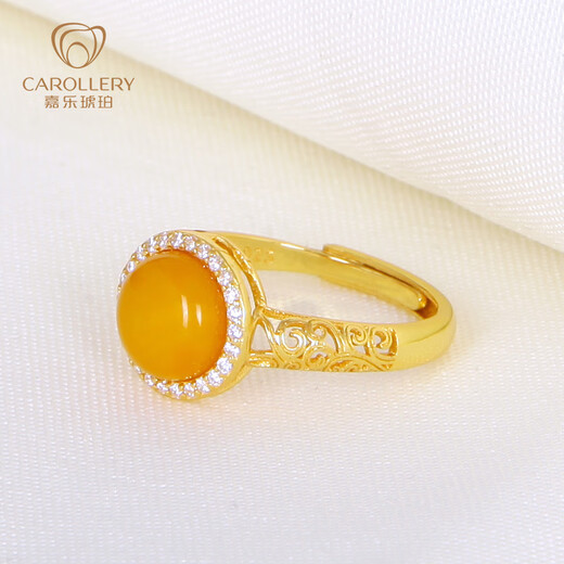 Jiale Beeswax Ring Women's S925 Silver Gold Plated Old Beeswax Ring Hollow Design Chicken Oil Yellow Women's Ring Gift Interface Approximately 10mm Adjustable/A0280