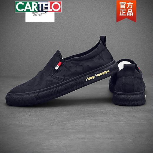 卡帝乐鳄鱼（CARTELO）乐福男鞋2025新款潮流网红透气帆布鞋一脚蹬懒人社会鞋老北京布鞋 黑色 40 男款