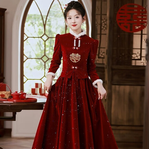 Li Baixin Cheongsam Toast Wear Bride 2025 New Burgundy Engagement Dress Chinese Wedding Long Sleeve Velvet Thickened Winter Burgundy M Recommended 90-100Jin Jin is equal to 0.5 kg