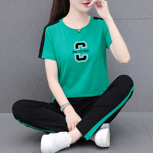 NY-EMMA sports suit for women short-sleeved summer thin high-end fashionable age-reducing cotton casual and fashionable running suit two-piece set 692 blue (trouser suit) XL (recommended 110-125 Jin [Jin equals 0.5 kg])