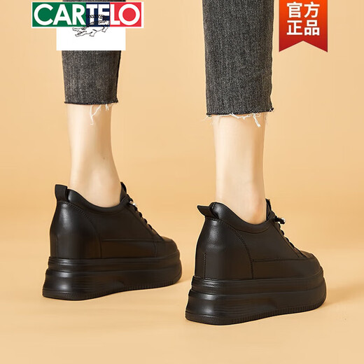 卡帝乐鳄鱼（CARTELO）黑色内增高女鞋2025新款小个子松糕鞋真皮轻便厚底百搭小黑鞋休闲 全黑9CM677 36