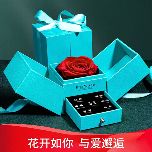 Chinese Gold One Week Silver Earrings Women's Earrings Set Silver Earrings Light Luxury Wedding Anniversary Gift for Wife and Girlfriend Birthday Star and Moon One Week Earrings-Valentine's Day Flower Box-Jingsuda