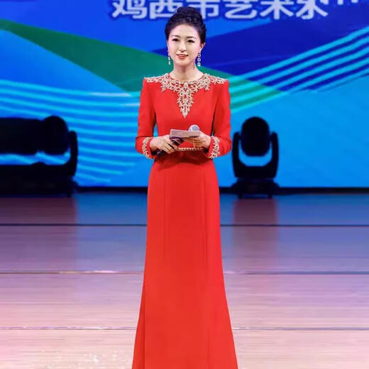 Weixuan high-end annual meeting female host dress host evening dress female 2024 new high-end heavy industry red annual party banquet red XS one size fits all