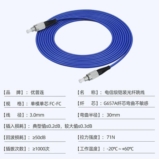 优普连 电信级铠装单模光纤跳线sc转sc-LC-FC-ST钢圈铠甲线 工程专用尾纤延长线防鼠咬阻燃 铠装单模单芯FC-FC 200米