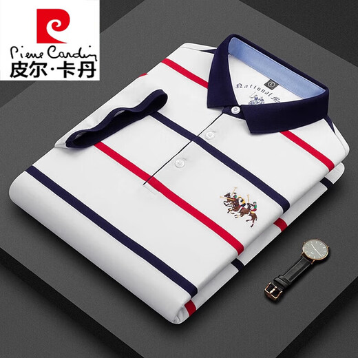 皮尔卡丹冰丝POLO衫翻领短袖t恤男士上衣时尚潮流品牌高端纯棉刺绣T恤衫 白色条纹【3882款】 M 48/170