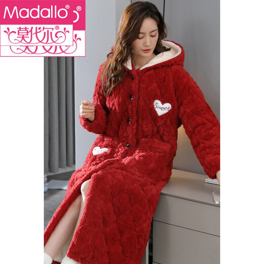 Modal Herbst und Winter Flanell Baumwoll Nachthemd für Frauen Dreischicht verdickte, verlängerte Pyjama-Taste mit Kapuze und Samt Bademantel 9871# M (160)