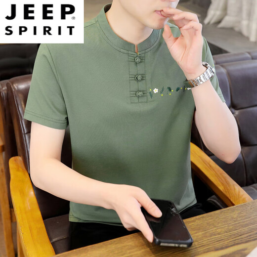 JEEP SPIRIT薄款立领短袖t恤男士2025夏季新款中式国潮半袖棉麻T恤刺绣上衣T 咖色 XL 125-135斤左右